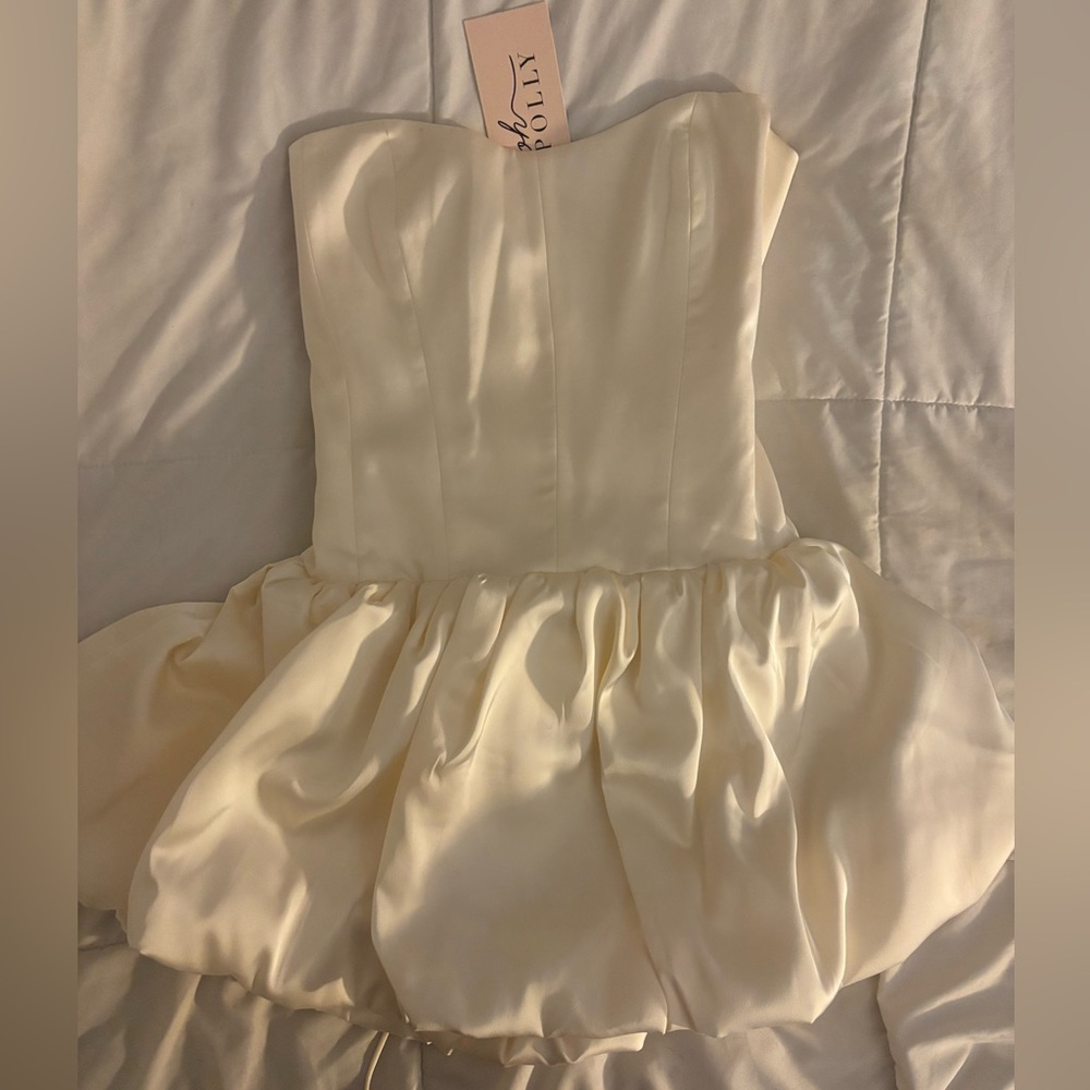 Oh Polly Lace-up Bubble Hem Corset Mini Dress in Ivory